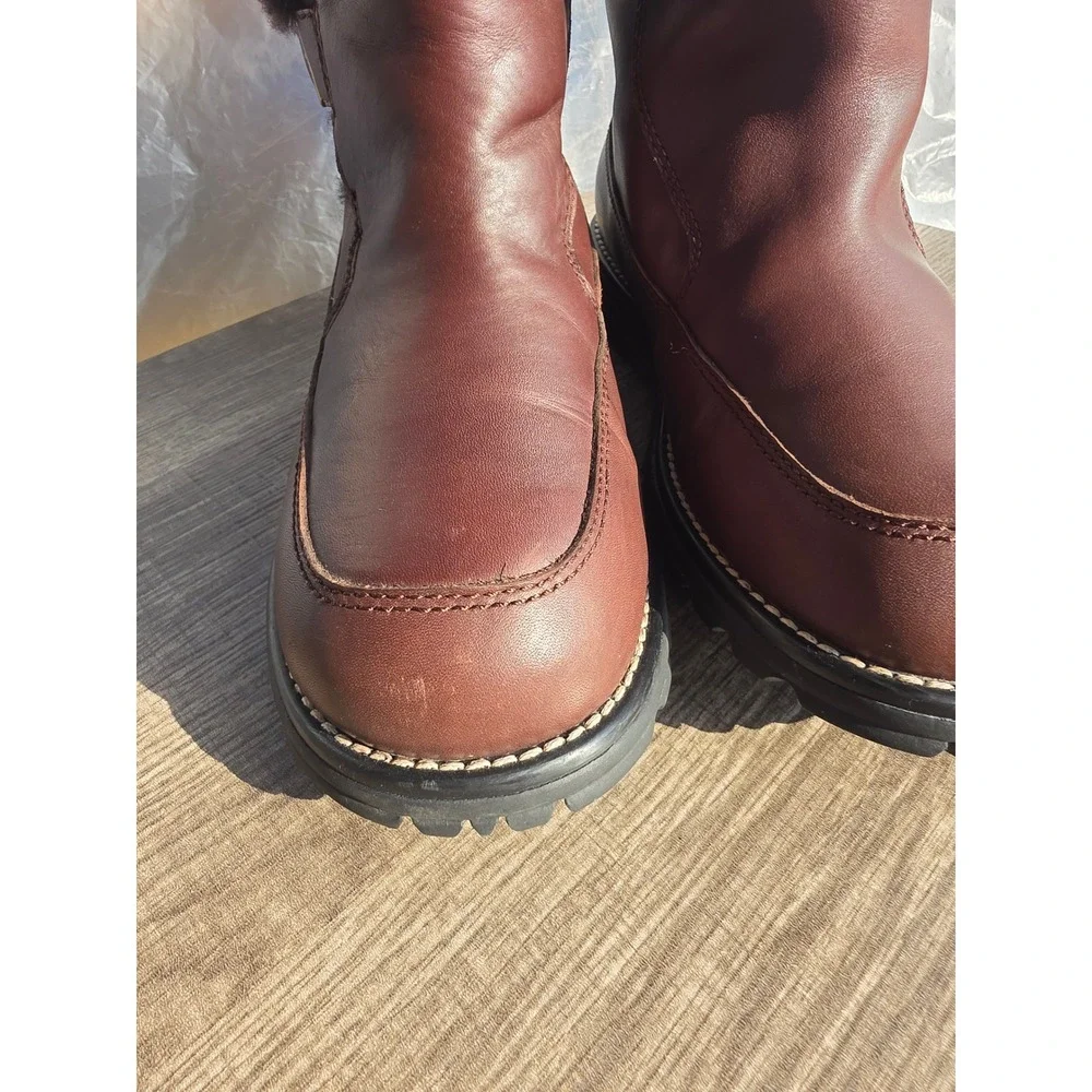1118 UGG Australia Brown Leather Shearling Lined Buckle Mid-Calf Boots Lug Sole